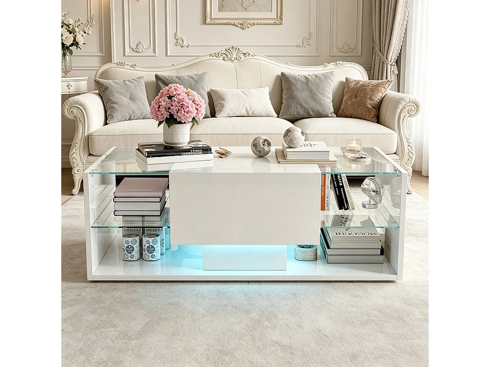 Table basse haute brillante - 100 x 50 x 35 cm - avec éclairage LED, tiroir et compartiment ouvert - Blanc