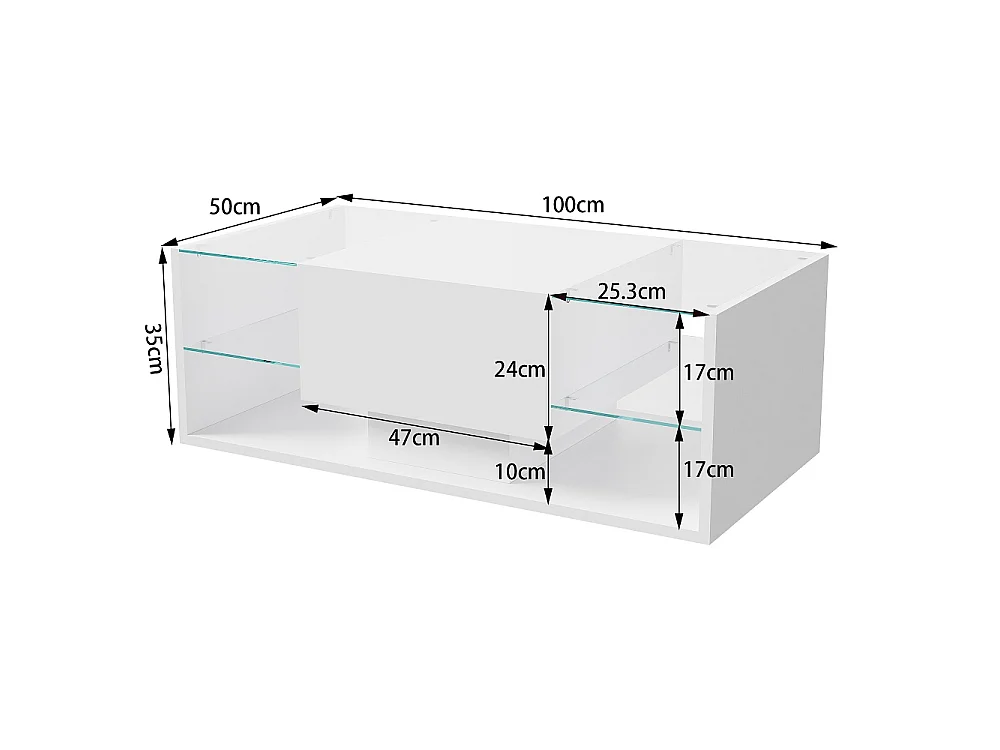 Table basse haute brillante - 100 x 50 x 35 cm - avec éclairage LED, tiroir et compartiment ouvert - Blanc