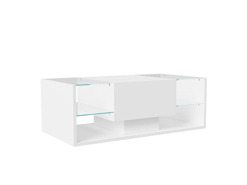 Table basse haute brillante - 100 x 50 x 35 cm - avec éclairage LED, tiroir et compartiment ouvert - Blanc