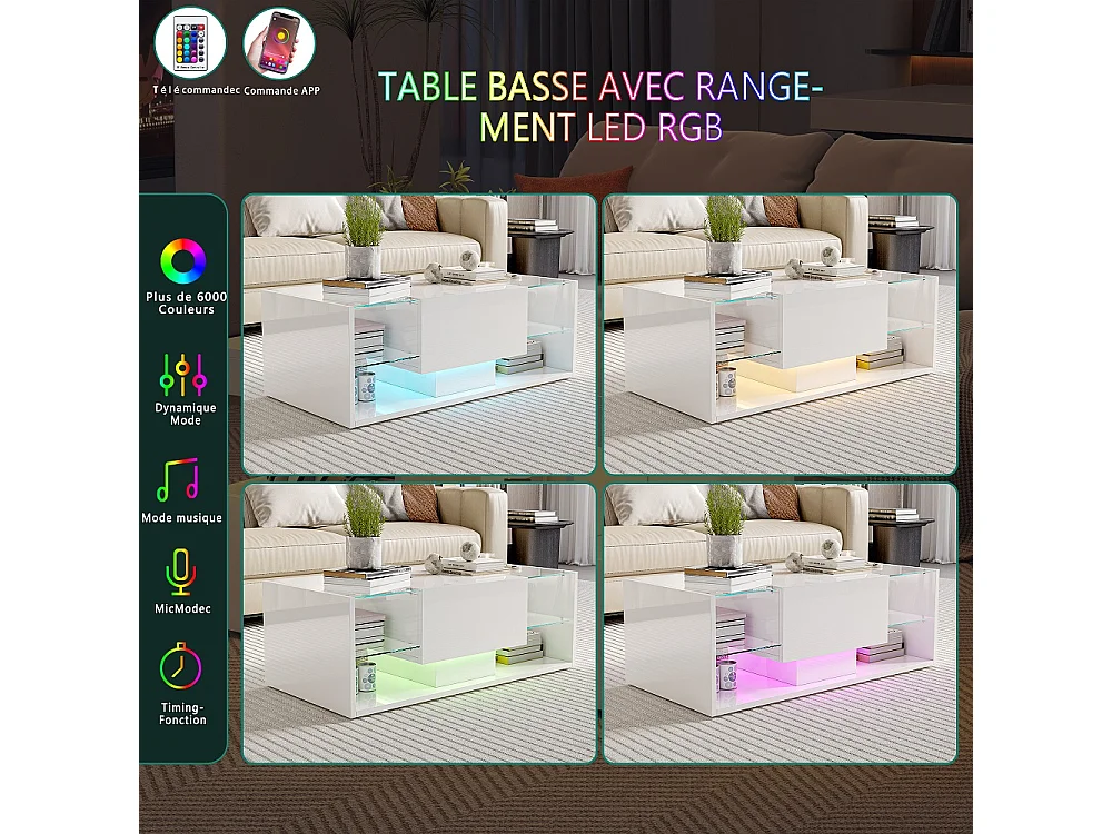 Table basse haute brillante - 100 x 50 x 35 cm - avec éclairage LED, tiroir et compartiment ouvert - Blanc