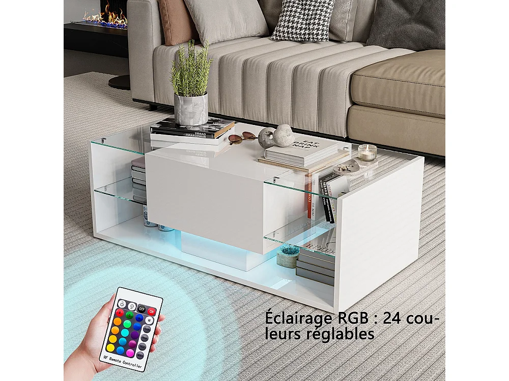 Table basse haute brillante - 100 x 50 x 35 cm - avec éclairage LED, tiroir et compartiment ouvert - Blanc