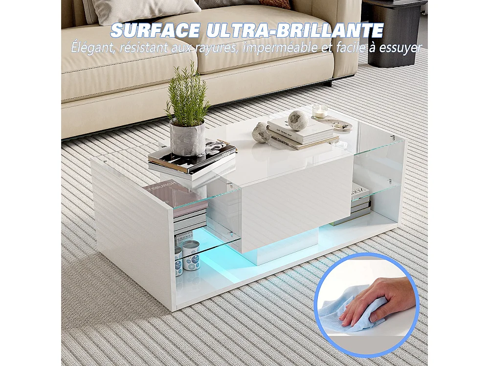 Table basse haute brillante - 100 x 50 x 35 cm - avec éclairage LED, tiroir et compartiment ouvert - Blanc