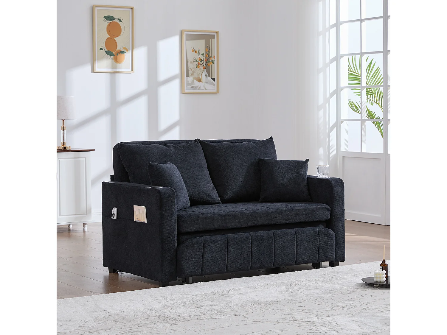Canapé convertible 2 places avec poches de rangement, USB et porte-gobelets, convertible en lit, en chenille, noir