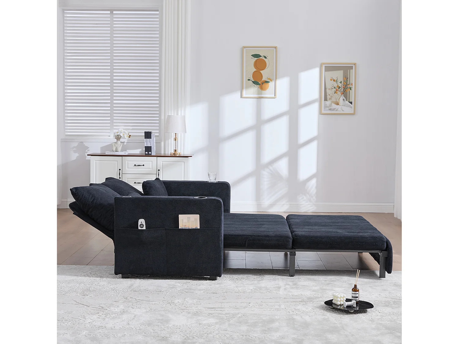 Canapé convertible 2 places avec poches de rangement, USB et porte-gobelets, convertible en lit, en chenille, noir