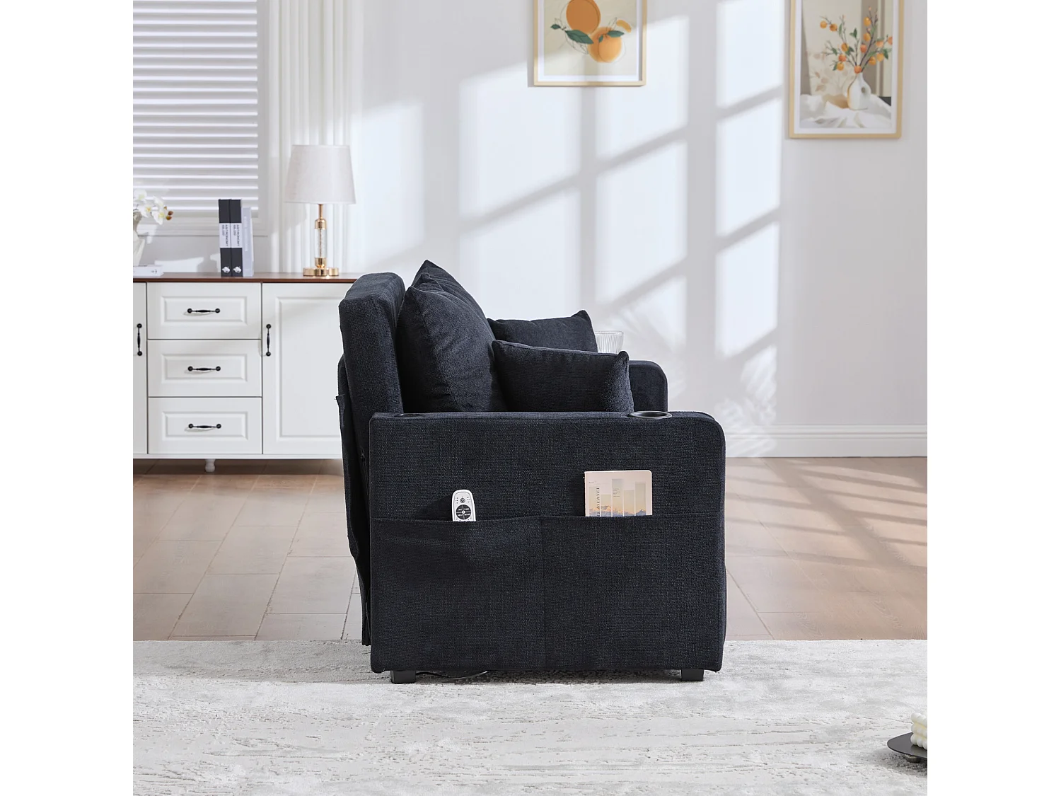 Canapé convertible 2 places avec poches de rangement, USB et porte-gobelets, convertible en lit, en chenille, noir