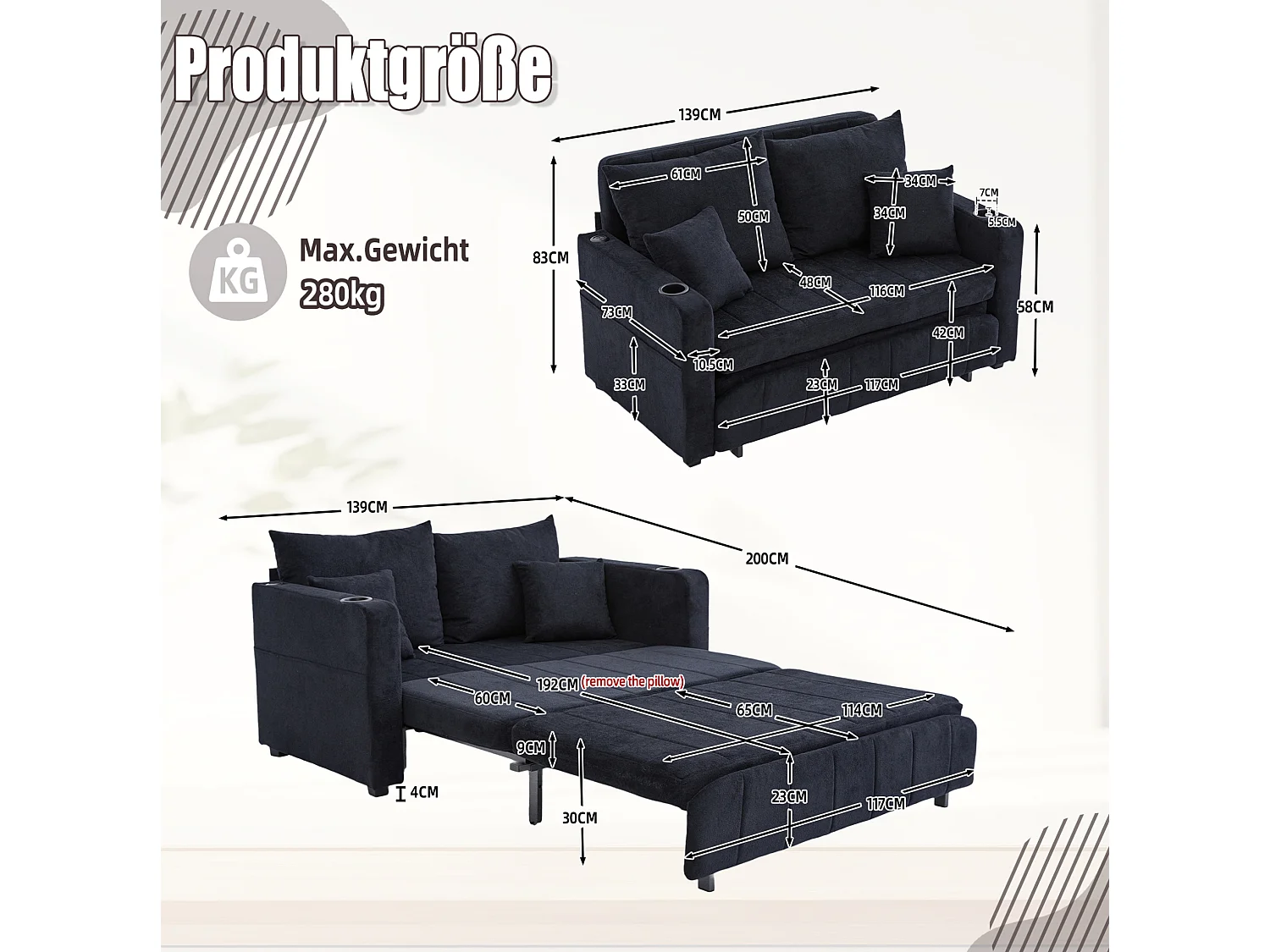 Canapé convertible 2 places avec poches de rangement, USB et porte-gobelets, convertible en lit, en chenille, noir