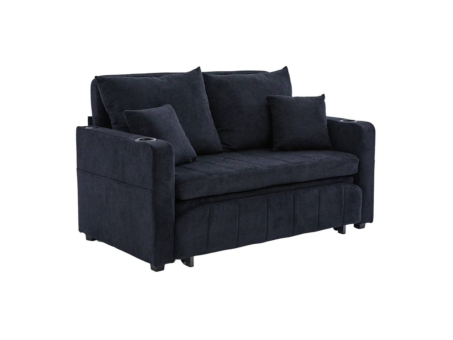 Canapé convertible 2 places avec poches de rangement, USB et porte-gobelets, convertible en lit, en chenille, noir