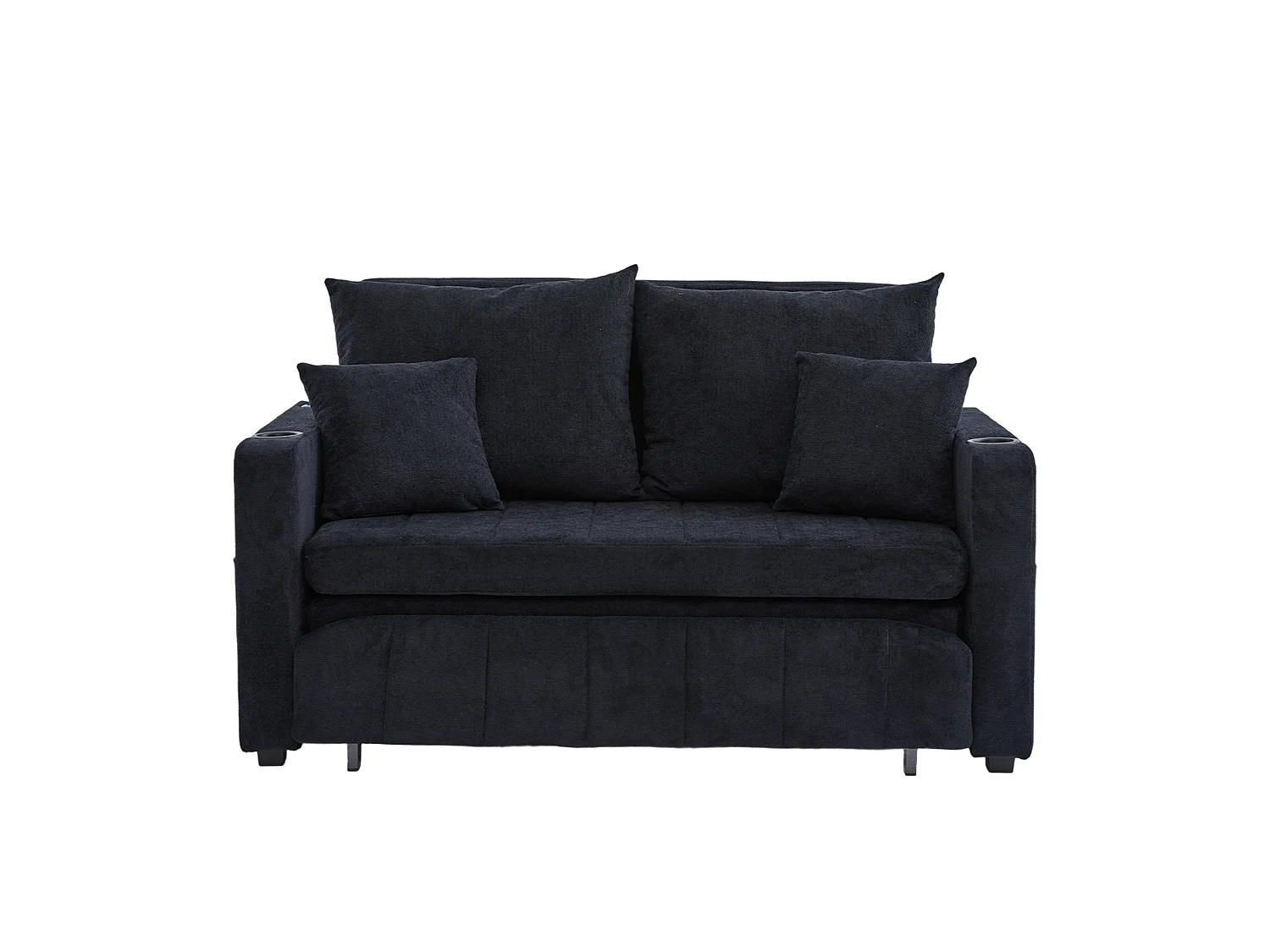 Canapé convertible 2 places avec poches de rangement, USB et porte-gobelets, convertible en lit, en chenille, noir