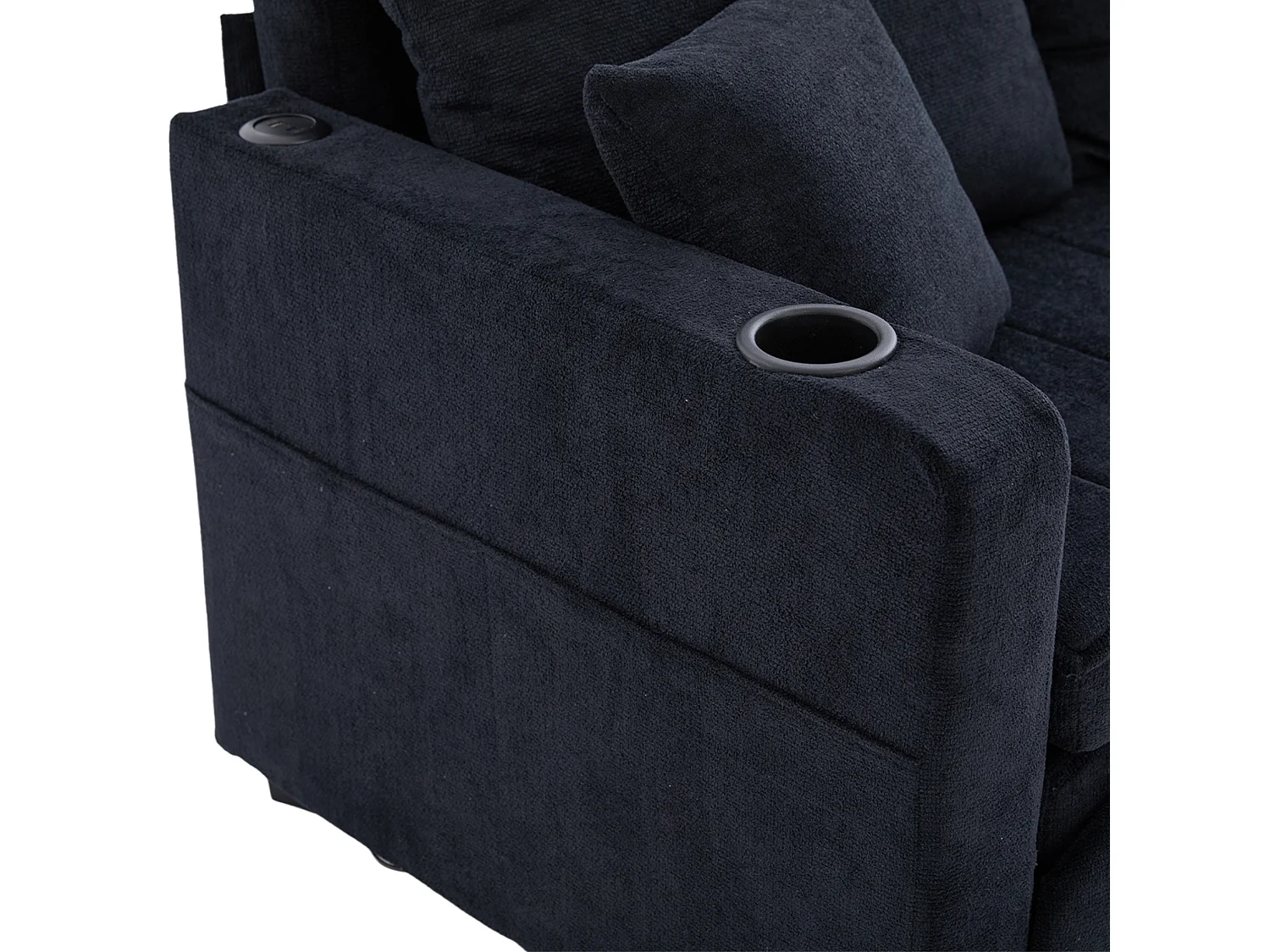 Canapé convertible 2 places avec poches de rangement, USB et porte-gobelets, convertible en lit, en chenille, noir