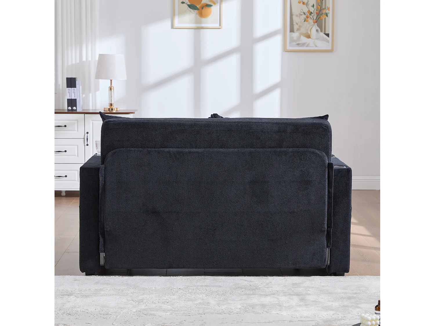 Canapé convertible 2 places avec poches de rangement, USB et porte-gobelets, convertible en lit, en chenille, noir