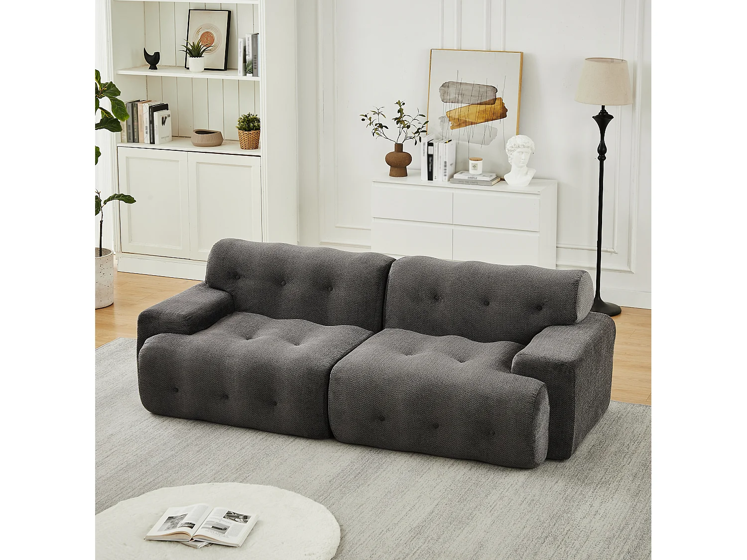 2-zits rechte bank met brede armleuningen, modern design, chenille stof, grijs
