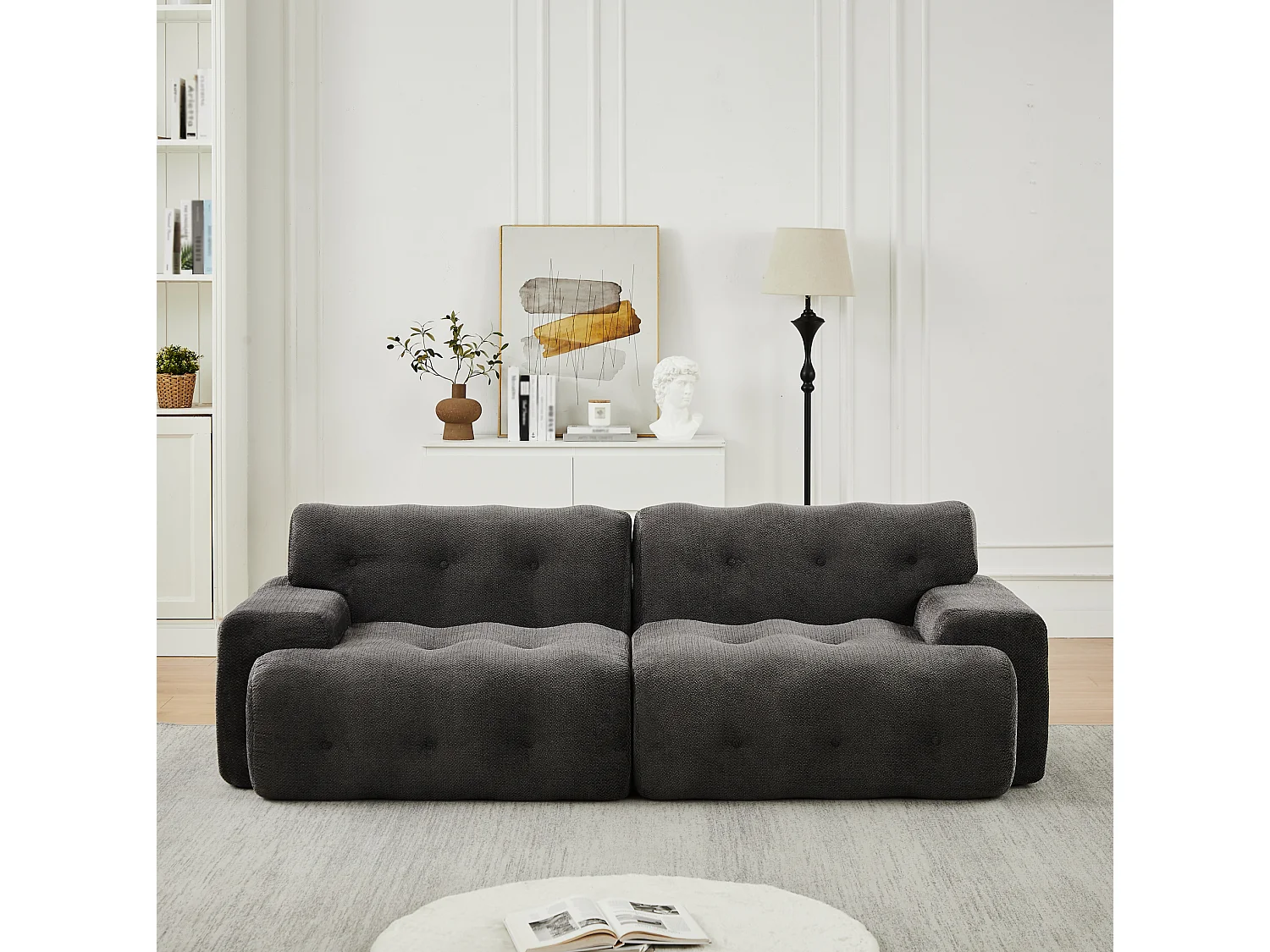 2-zits rechte bank met brede armleuningen, modern design, chenille stof, grijs