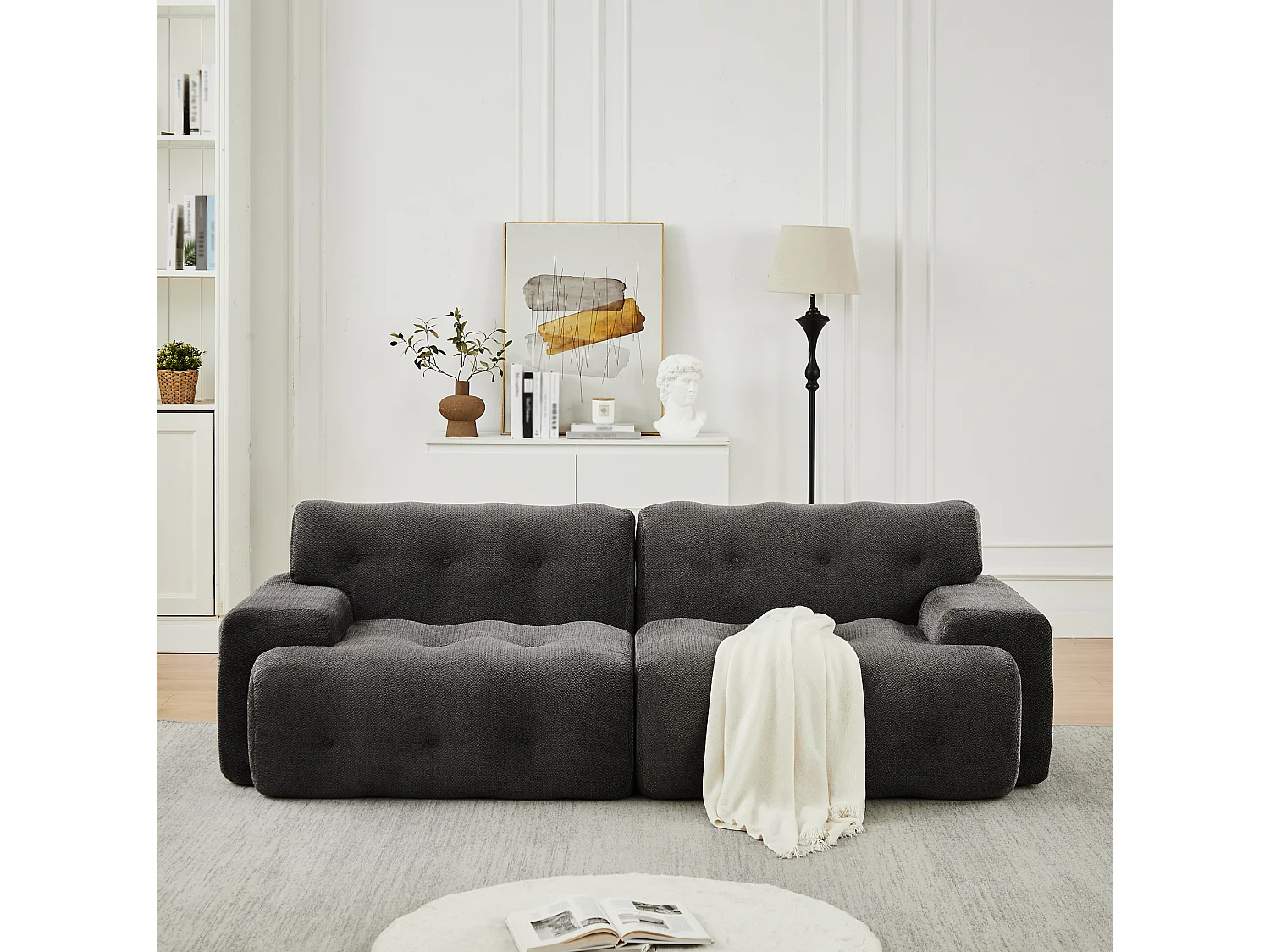 2-zits rechte bank met brede armleuningen, modern design, chenille stof, grijs