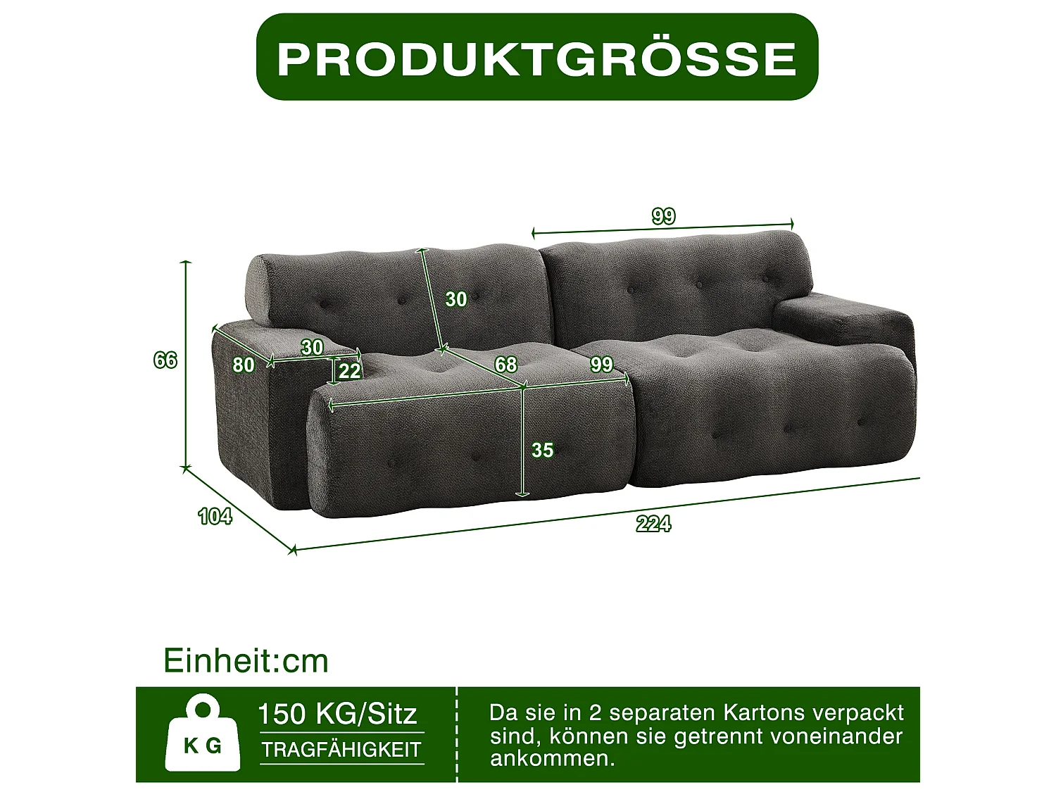 2-zits rechte bank met brede armleuningen, modern design, chenille stof, grijs