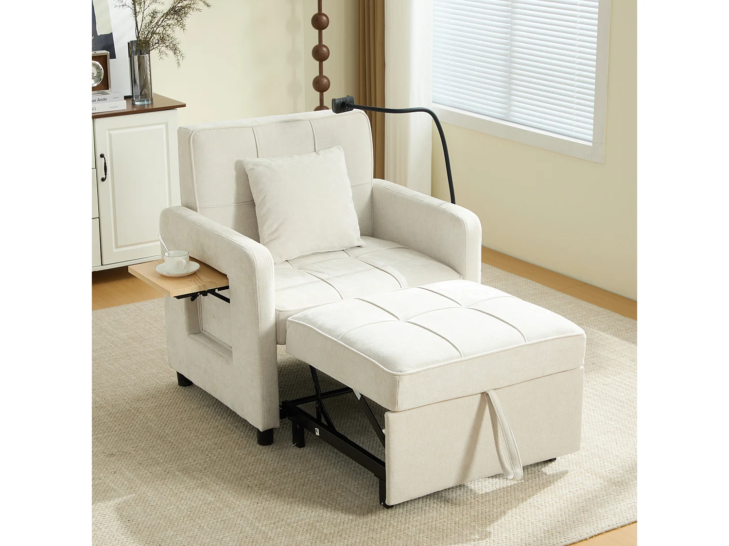 Slaapbank met 5-voudig verstelbare rugleuning, opbergruimte en tafelblad, chenille, beige
