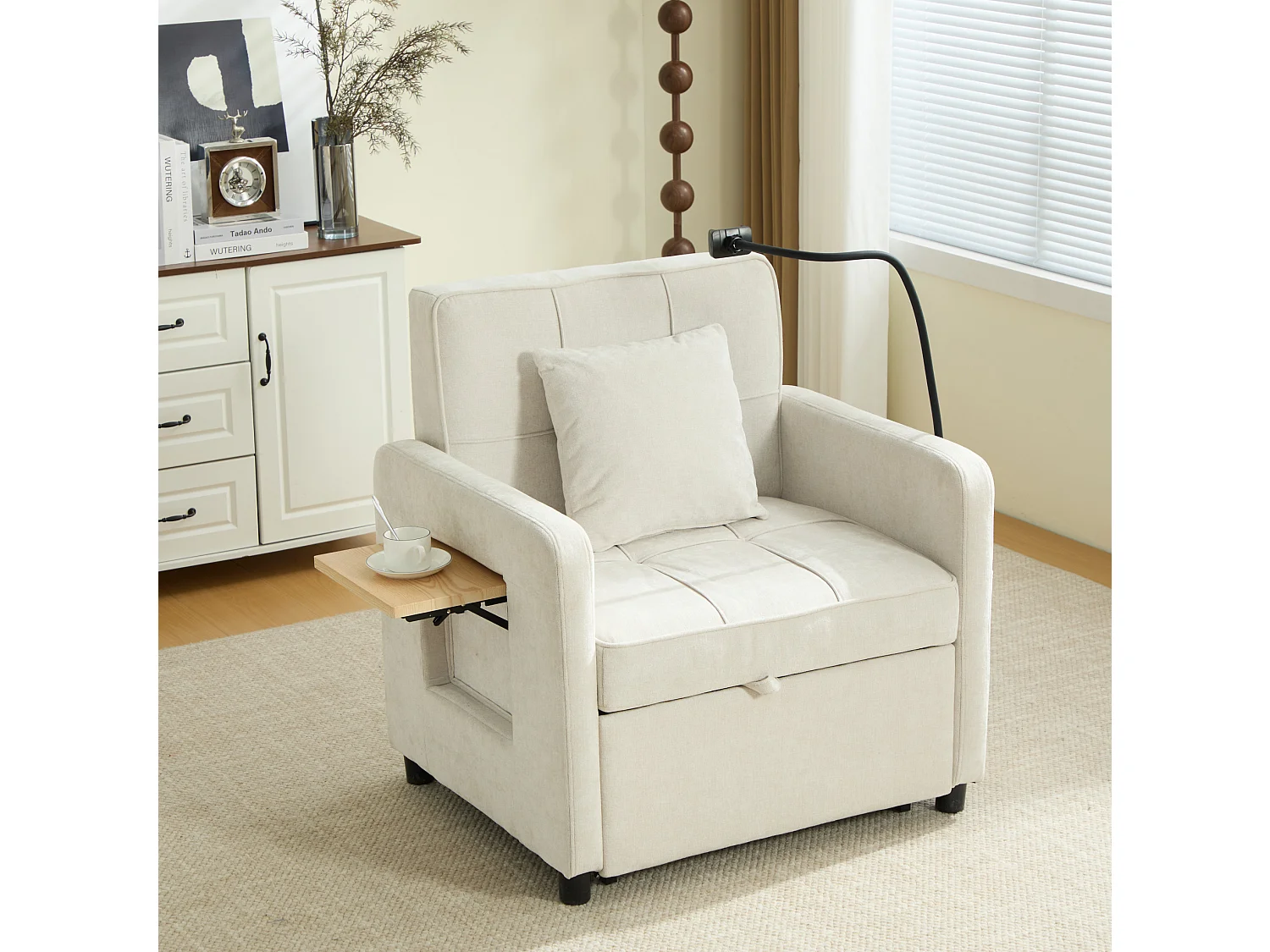 Slaapbank met 5-voudig verstelbare rugleuning, opbergruimte en tafelblad, chenille, beige