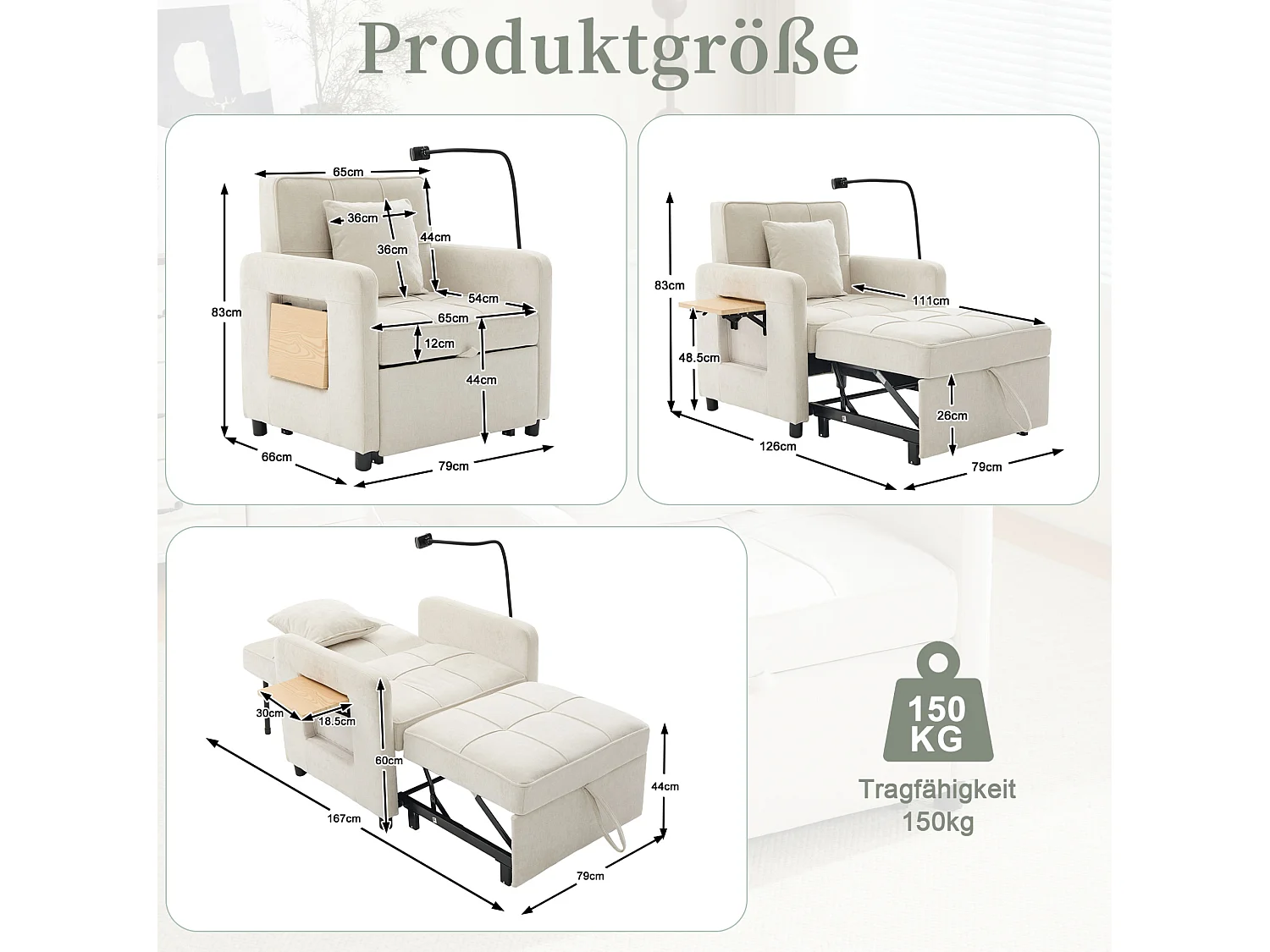 Slaapbank met 5-voudig verstelbare rugleuning, opbergruimte en tafelblad, chenille, beige