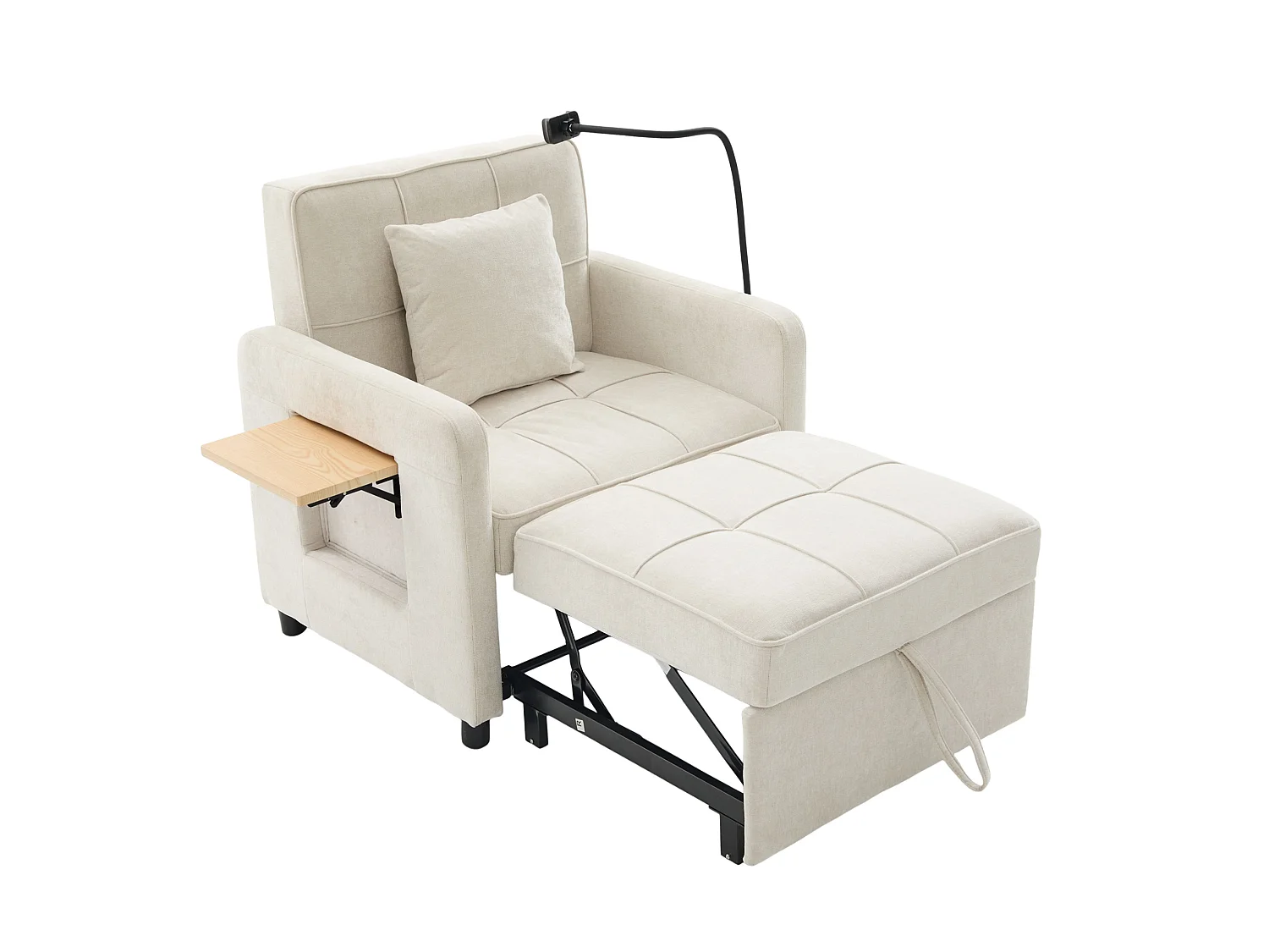Slaapbank met 5-voudig verstelbare rugleuning, opbergruimte en tafelblad, chenille, beige
