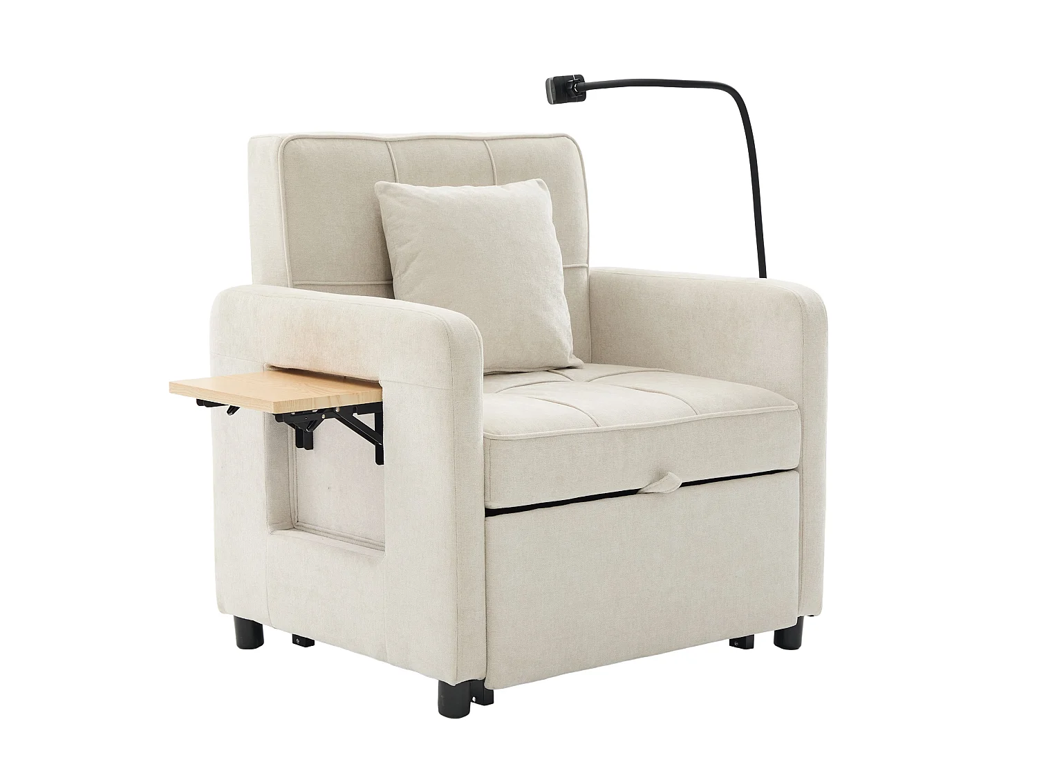 Slaapbank met 5-voudig verstelbare rugleuning, opbergruimte en tafelblad, chenille, beige