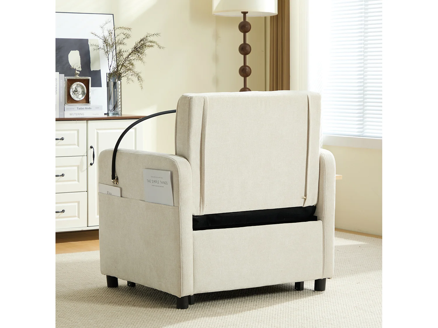 Slaapbank met 5-voudig verstelbare rugleuning, opbergruimte en tafelblad, chenille, beige