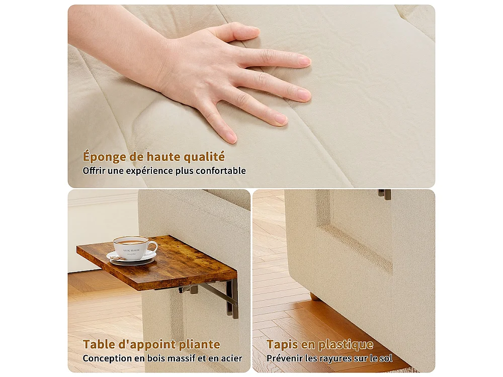 Canapé-lit extensible - avec dossier réglable, oreiller, porte-tasse - chaise couchante 3-en-1 - Chenille - Beige