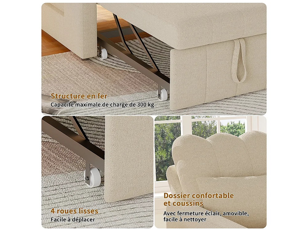 Canapé-lit extensible - avec dossier réglable, oreiller, porte-tasse - chaise couchante 3-en-1 - Chenille - Beige