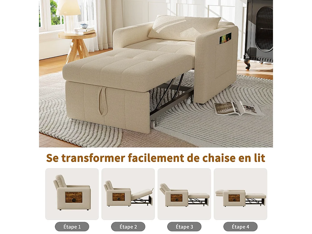 Canapé-lit extensible - avec dossier réglable, oreiller, porte-tasse - chaise couchante 3-en-1 - Chenille - Beige