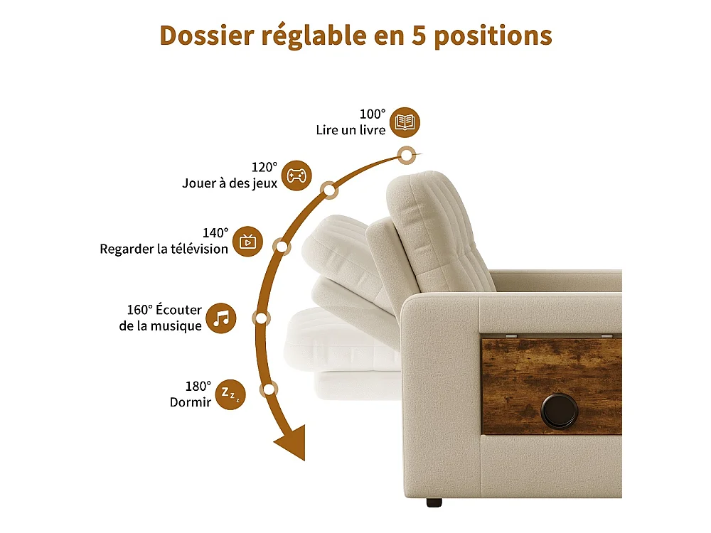 Canapé-lit extensible - avec dossier réglable, oreiller, porte-tasse - chaise couchante 3-en-1 - Chenille - Beige