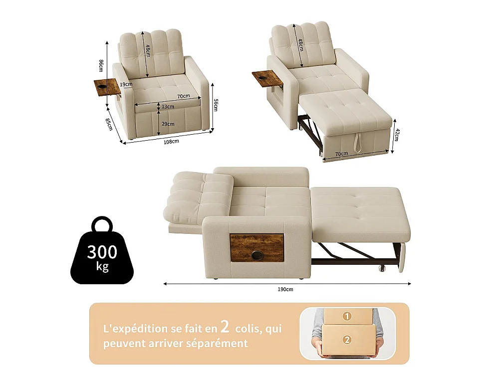 Canapé-lit extensible - avec dossier réglable, oreiller, porte-tasse - chaise couchante 3-en-1 - Chenille - Beige
