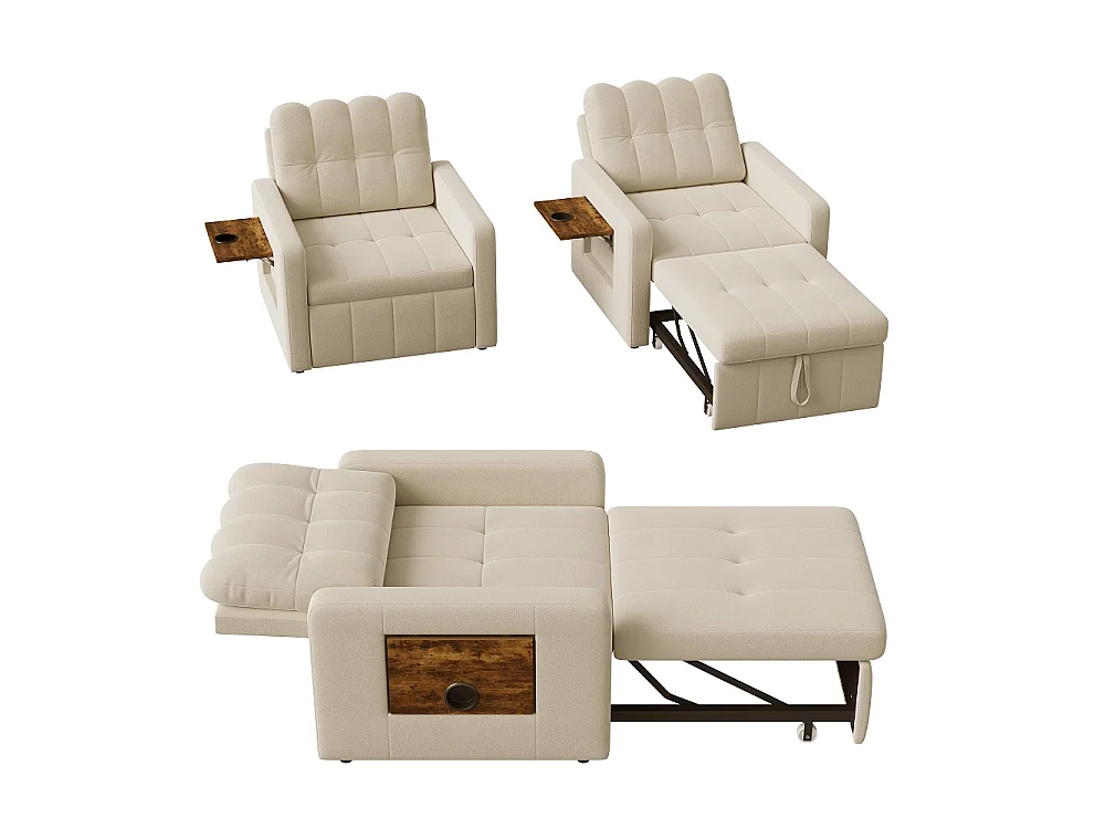 Canapé-lit extensible - avec dossier réglable, oreiller, porte-tasse - chaise couchante 3-en-1 - Chenille - Beige