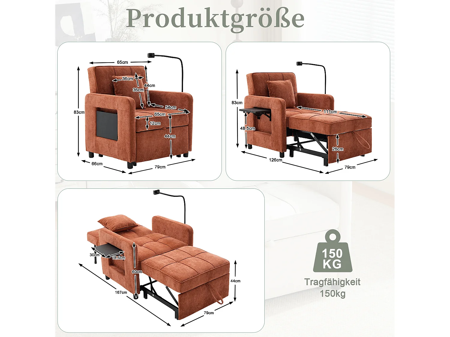 Slaapbank met 5-voudig verstelbare rugleuning, opbergruimte en tafelblad, chenille, oranje