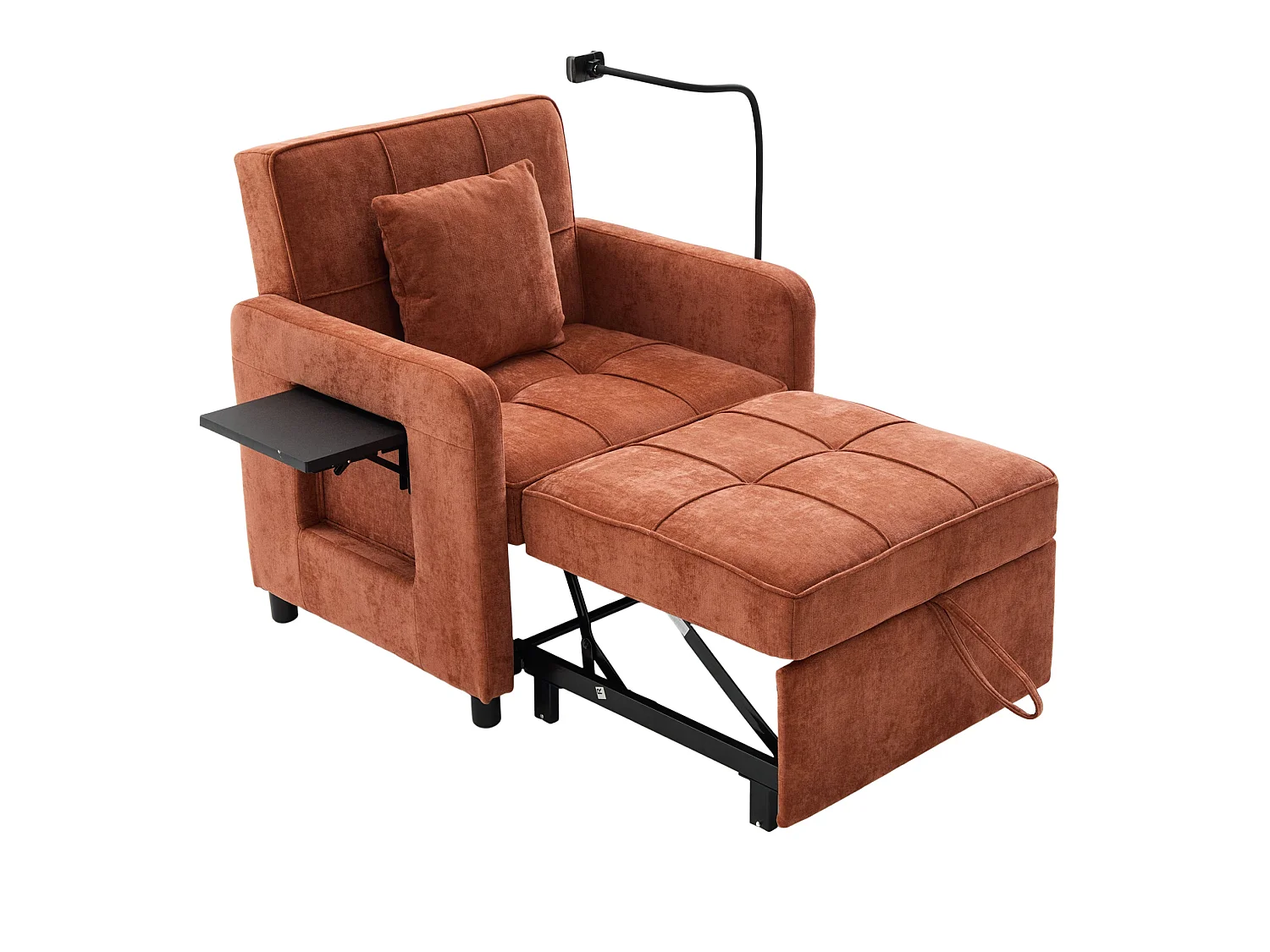 Slaapbank met 5-voudig verstelbare rugleuning, opbergruimte en tafelblad, chenille, oranje