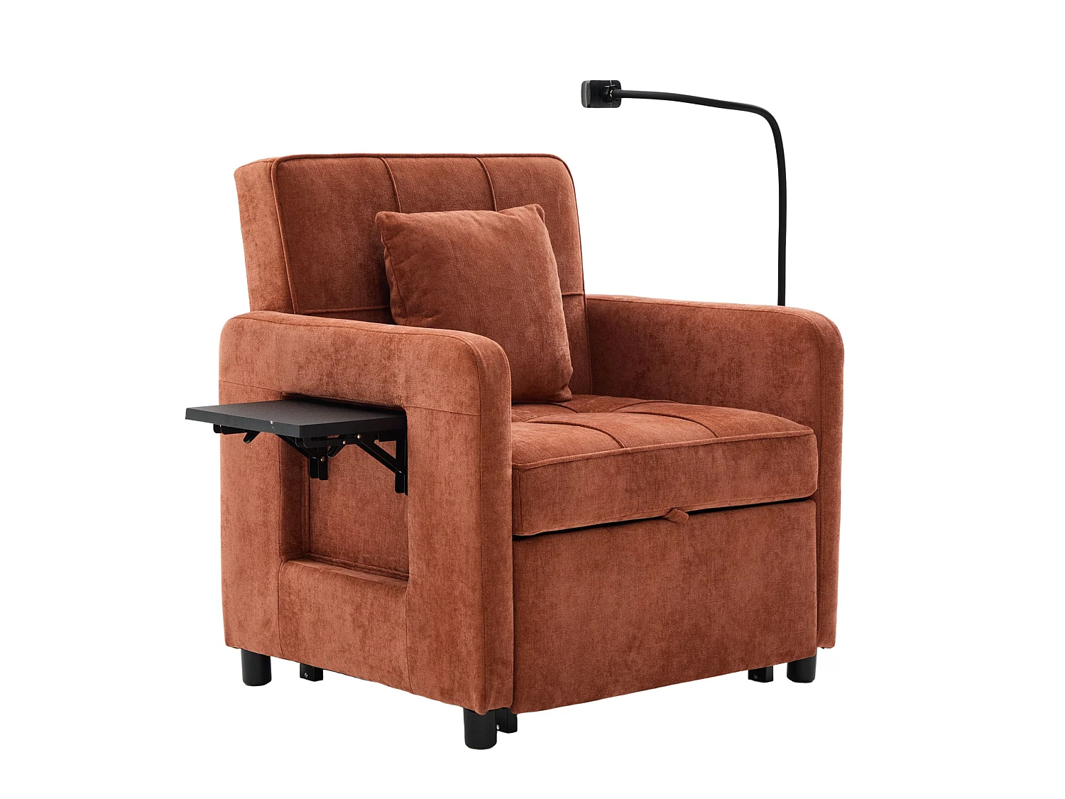 Slaapbank met 5-voudig verstelbare rugleuning, opbergruimte en tafelblad, chenille, oranje