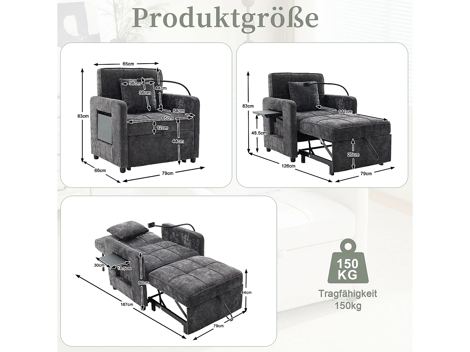 Slaapbank met 5-voudig verstelbare rugleuning, opbergruimte en tafelblad, chenille, donkergrijs