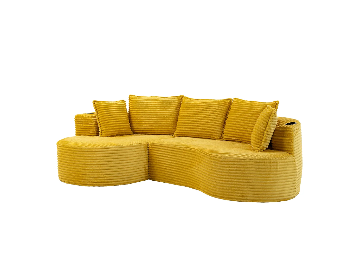 Sofá curvo de 3 plazas con portavasos y bolsillo lateral, pana, amarillo mostaza, 250x152x82