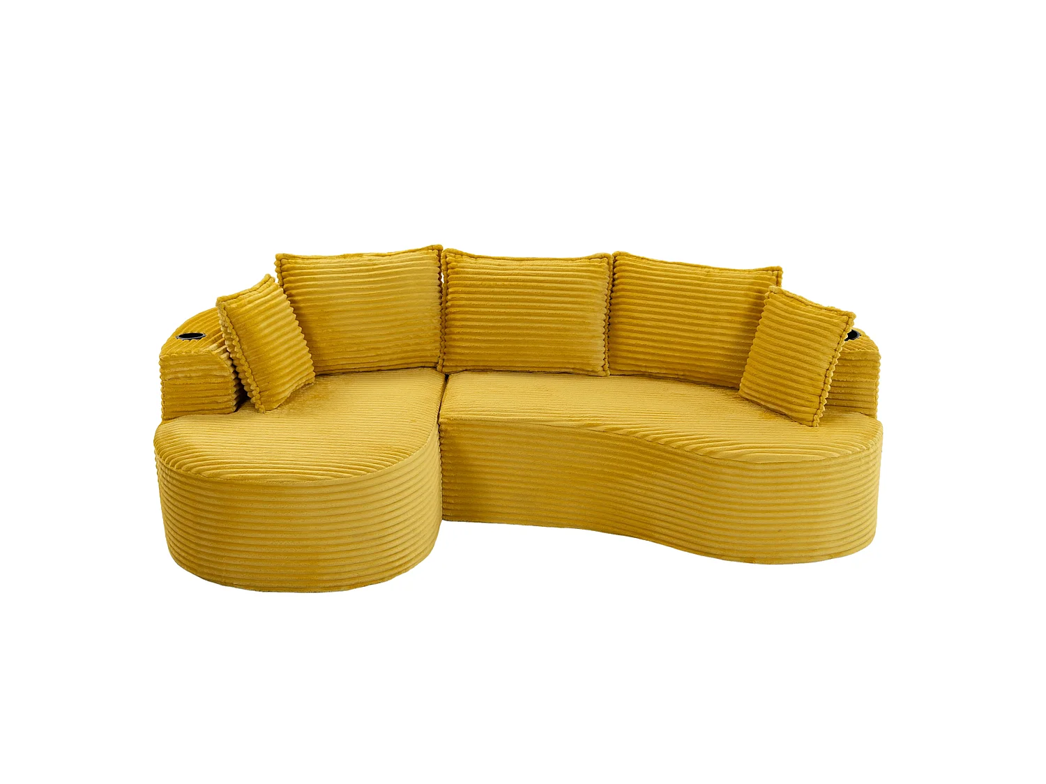 Sofá curvo de 3 plazas con portavasos y bolsillo lateral, pana, amarillo mostaza, 250x152x82