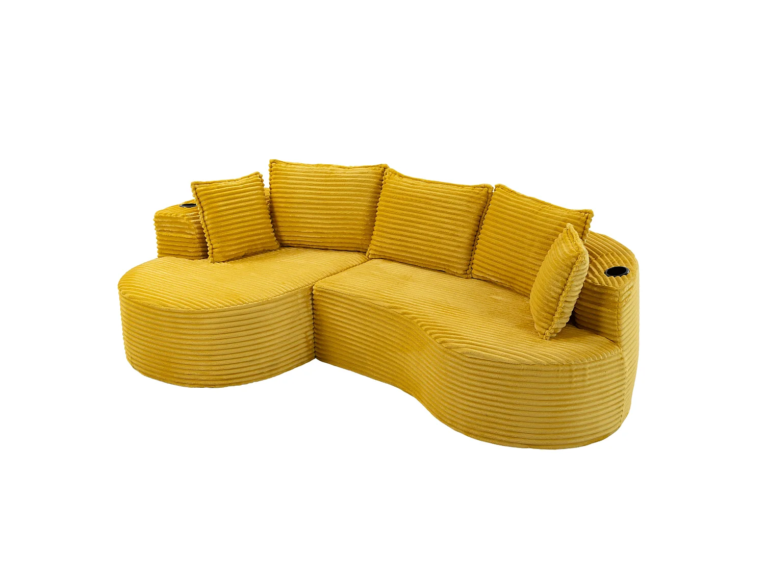 Sofá curvo de 3 plazas con portavasos y bolsillo lateral, pana, amarillo mostaza, 250x152x82