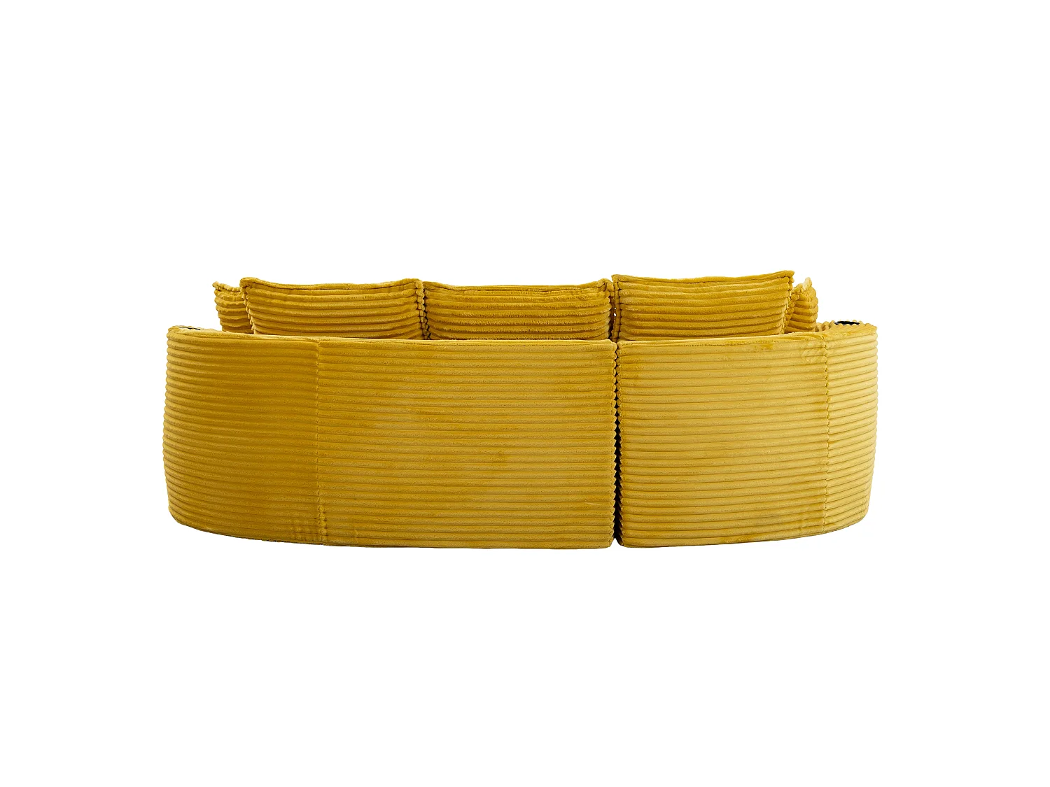 Sofá curvo de 3 plazas con portavasos y bolsillo lateral, pana, amarillo mostaza, 250x152x82