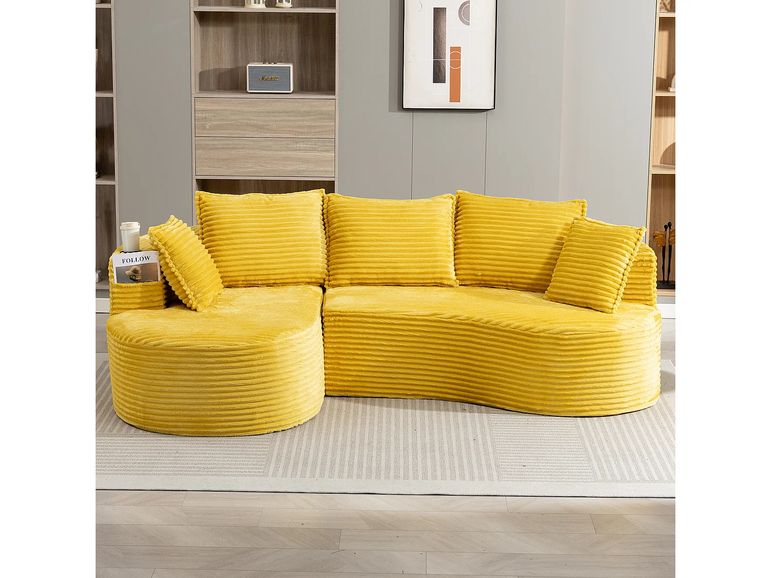 Sofá curvo de 3 plazas con portavasos y bolsillo lateral, pana, amarillo mostaza, 250x152x82