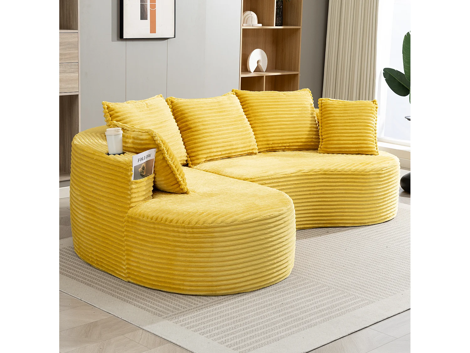 Sofá curvo de 3 plazas con portavasos y bolsillo lateral, pana, amarillo mostaza, 250x152x82