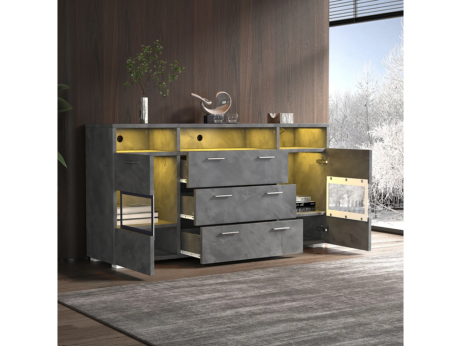 Buffet avec led, 2 portes, 3 tiroirs et 3 niches ouvertes, gris, 140 x 33,5 x 72,5 cm