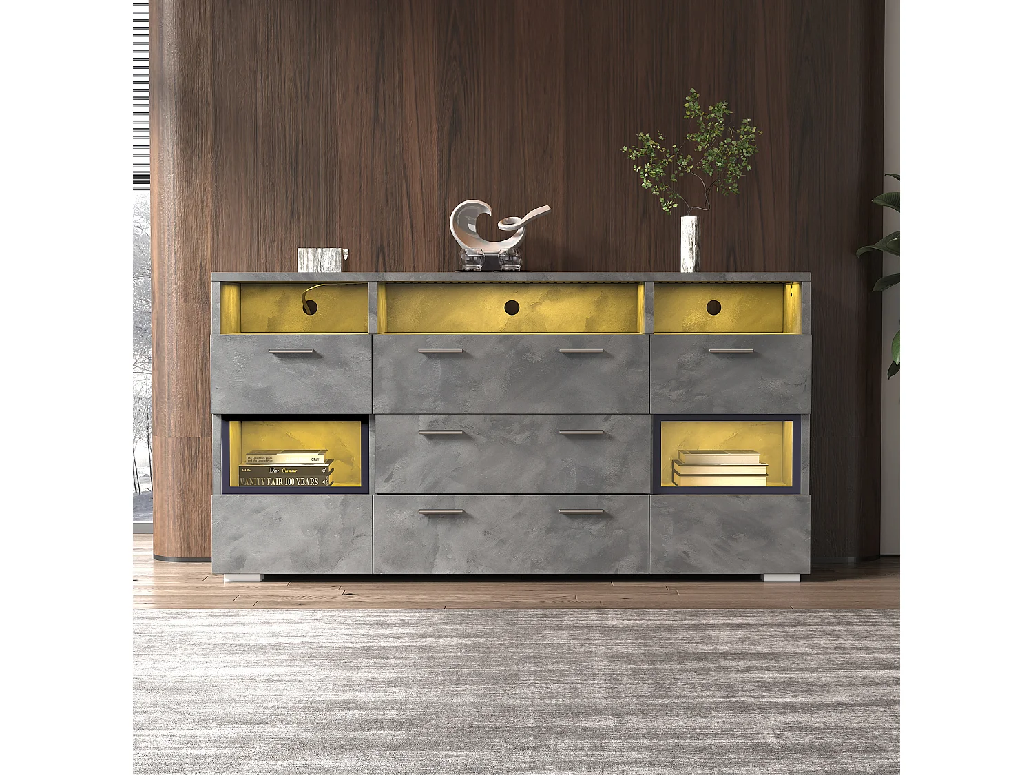 Buffet avec led, 2 portes, 3 tiroirs et 3 niches ouvertes, gris, 140 x 33,5 x 72,5 cm