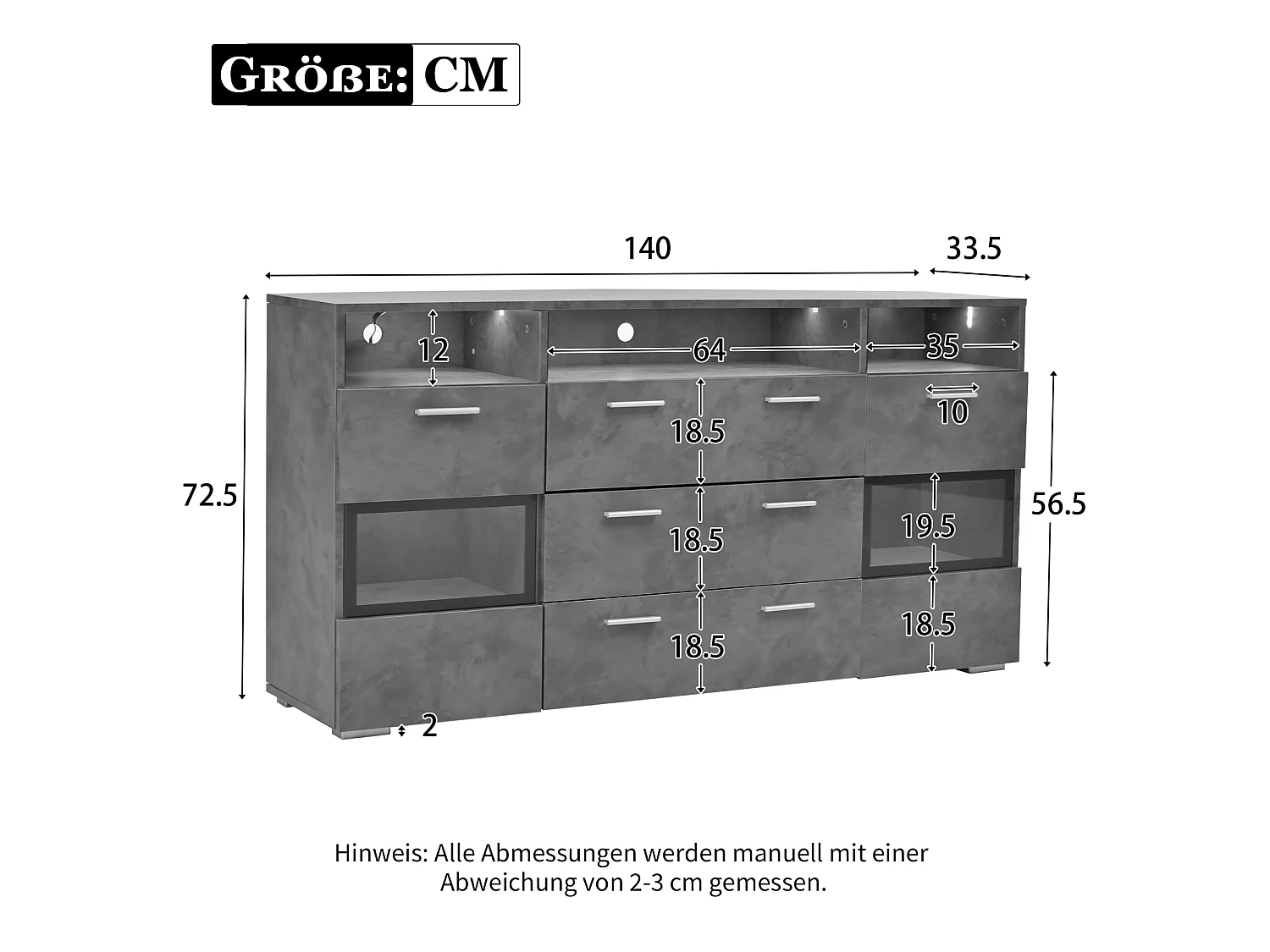Buffet avec led, 2 portes, 3 tiroirs et 3 niches ouvertes, gris, 140 x 33,5 x 72,5 cm