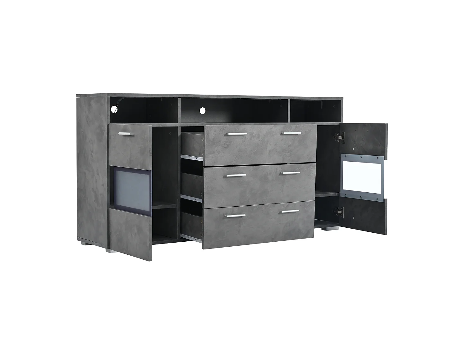 Buffet avec led, 2 portes, 3 tiroirs et 3 niches ouvertes, gris, 140 x 33,5 x 72,5 cm