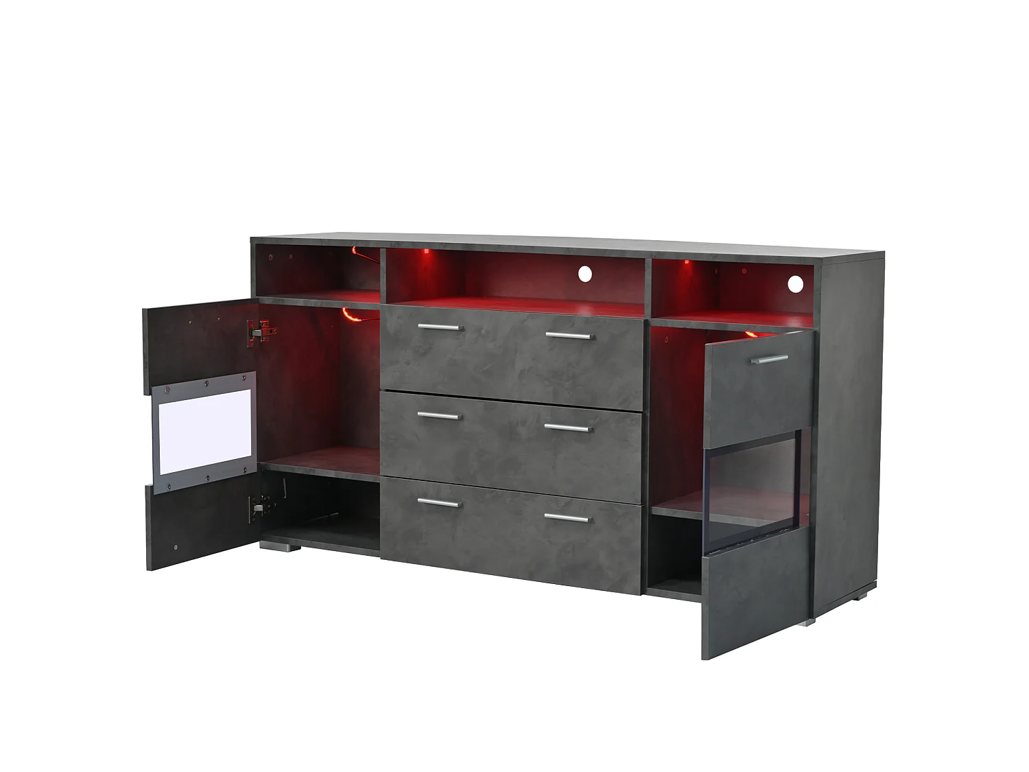 Buffet avec led, 2 portes, 3 tiroirs et 3 niches ouvertes, gris, 140 x 33,5 x 72,5 cm