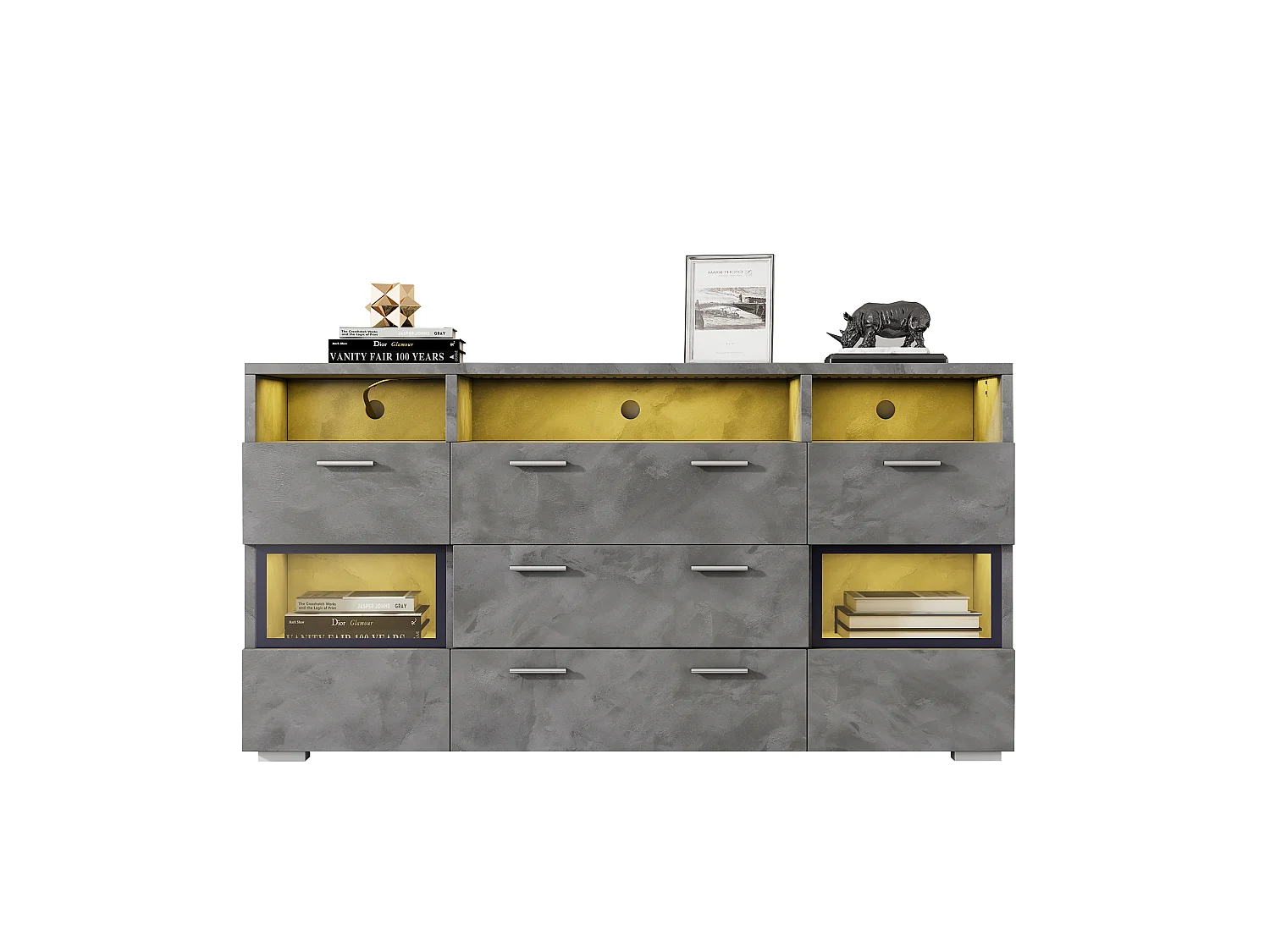 Buffet avec led, 2 portes, 3 tiroirs et 3 niches ouvertes, gris, 140 x 33,5 x 72,5 cm