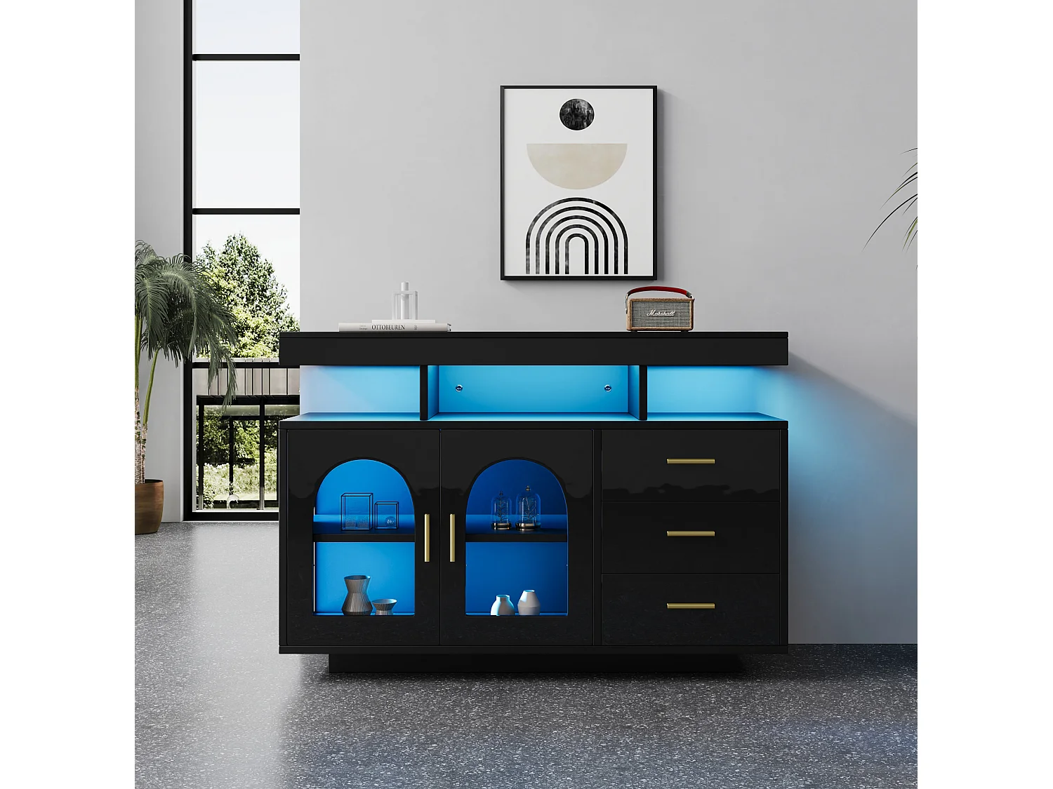 Buffet avec led, 3 tiroirs, 2 portes et 3 niches, noir, 120 x 40 x 80 cm