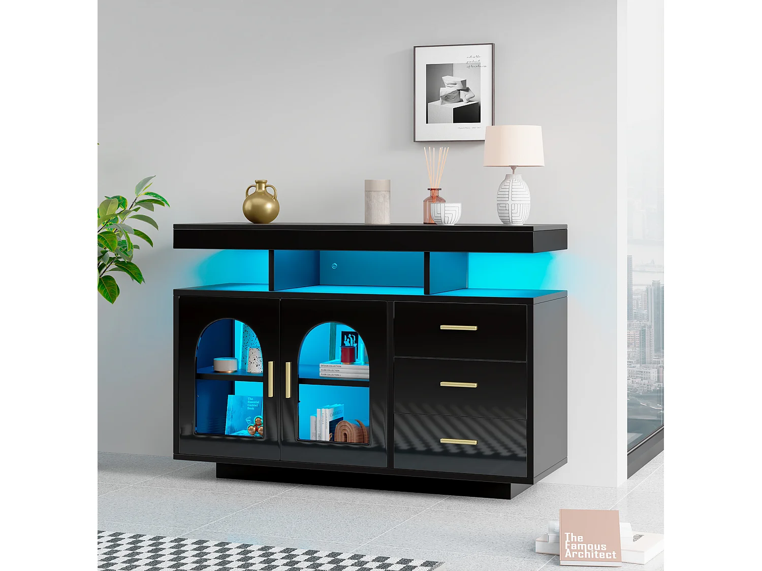 Buffet avec led, 3 tiroirs, 2 portes et 3 niches, noir, 120 x 40 x 80 cm