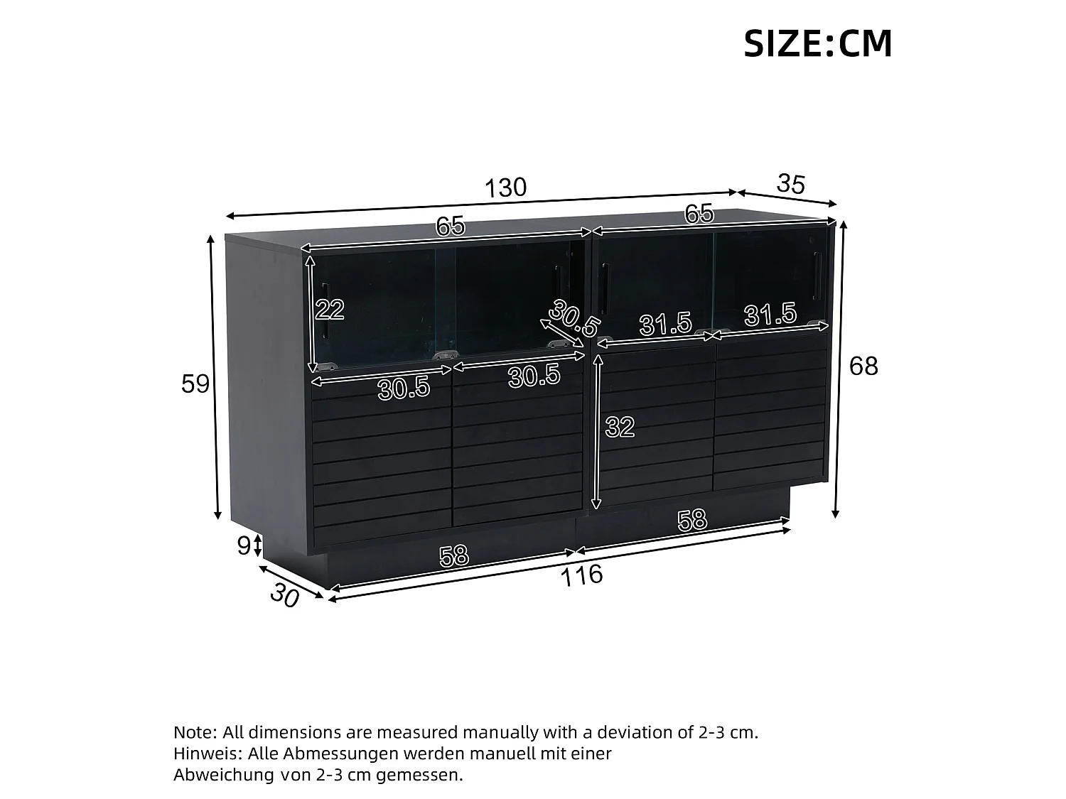 Buffet de cuisine avec led et 4 portes, noir, 130 x 35 x 68 cm