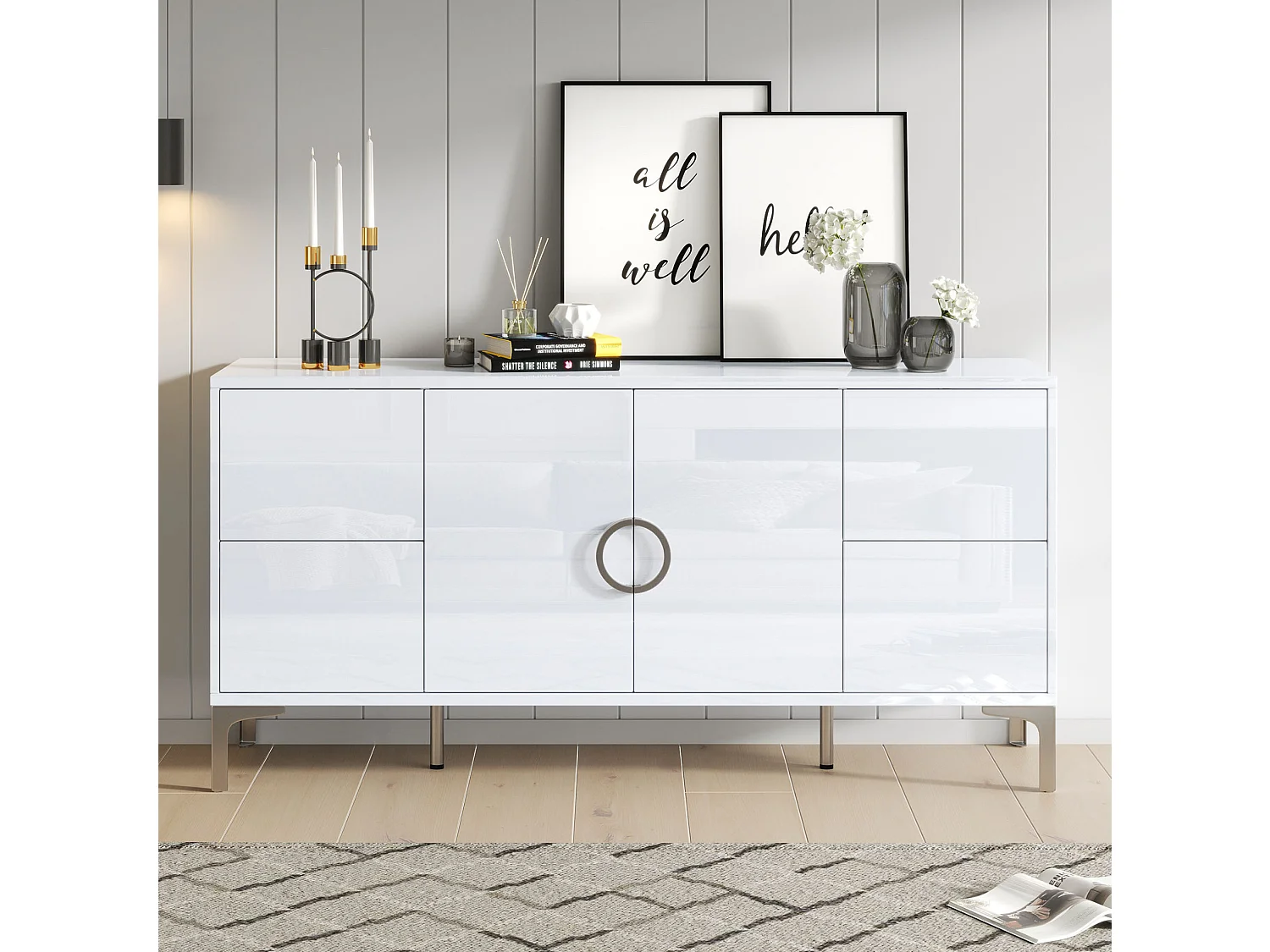 Buffet avec 4 tiroirs et 2 portes, en MDF, blanc, 150 x 38 x 59,5 cm